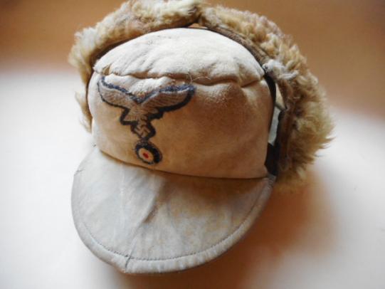 WW2 LUFTWAFFE WINTER EASTERN FRONT SUEDE & FUR LINED CAP HAT
