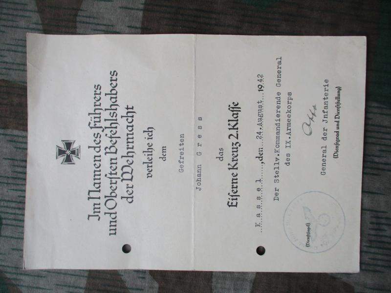 1942 original WW2 GERMAN ARMY heer wh EK2 IRON CROSS 2ND CLASS AWARD CERTIFICATE