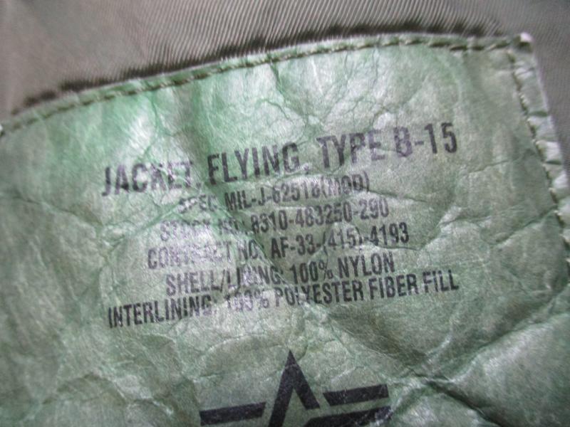 GENUINE ALPHA INDUSTRIES USAF USA B15 B-15 ma1 bomber pilot JACKET COAT GREEN XL